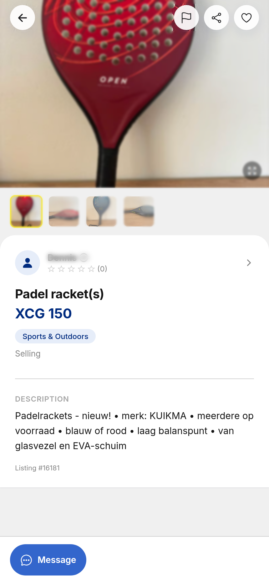 Listing detail with a verified seller and in-app Message button